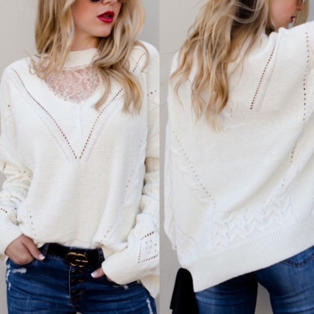 Cozy cream lace oversized sweater top Minimalist - Picture 4 of 4